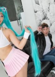 Asian cutie Ayumu Kase seduces a white boy in her cosplay outfit