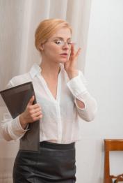Blonde with small tits Jadeite White doffs her work outfit & poses in fishnets