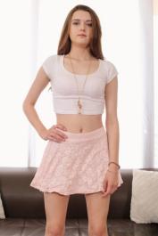 Brunette teen Alex Mae shows her tiny tits and spreads her vagina in a solo