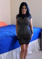 Busty brunette Megan Maiden drips jizz from her chin to conclude POV sex
