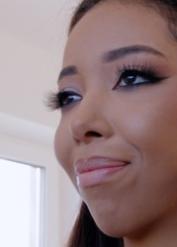 Ebony teen Lia Lin showers before having sex in high-heeled footwear
