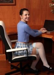 First timer Liz Jordan dildos her teen pussy on a desk in OTK nylons