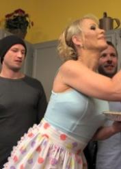 Mature baker Simone Sonay gets stripped and ass fucked in a gangbang