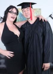 Mature brunette Sherry Stunns jerks off her stepson as a graduation present