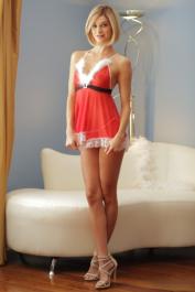 Petite blonde Emma Hix takes off her red dress, blows a cock and gets fucked