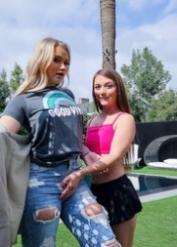 Pornstars Harley King and Mira Monroe sharing a big dick in a threesome