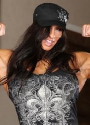 Scary bodybuilder Angela Salvagno flexes her muscles wearing only stockings