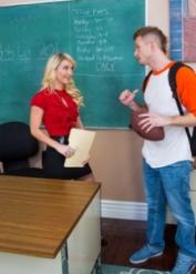 Sexy teacher Laura Bentley lets a frisky boy lick & fuck her wet twat in class