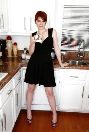 Short haired older redhead mom Lily Cade spreading hairy twat in kitchen